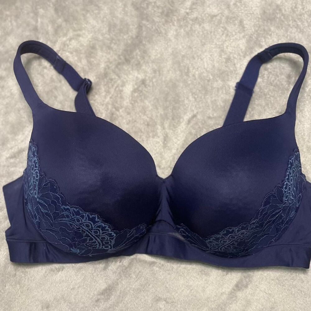 Cacique Lightly Lined T-Shirt Bra 44DD Navy Blue Lace Underwire Floral